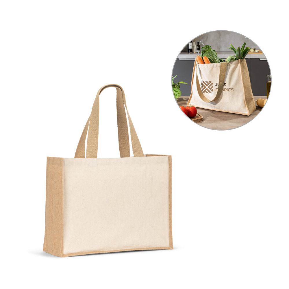 HELSINQUE. Sacola em canvas (320g/m²), com fundo e laterais em juta laminada (350 g/m²) de tons naturais