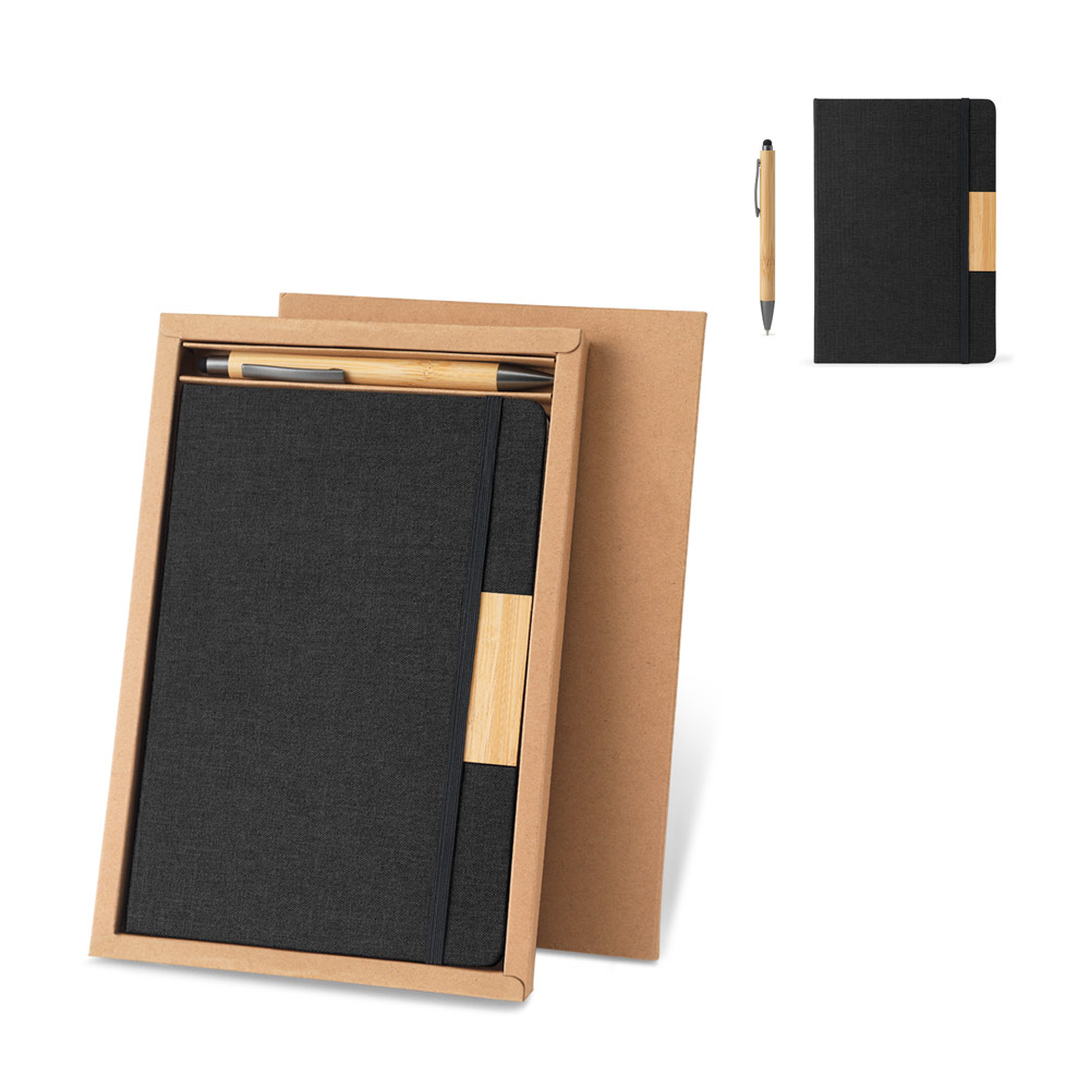 HOMERO. Conjunto composto por 1 caderno A5 com capa rígida e 1 caneta esferográfica em bambu