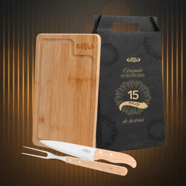 CONJ. PARA CHURRASCO EM BAMBU / INOX / MADEIRA - 3 PÇS.