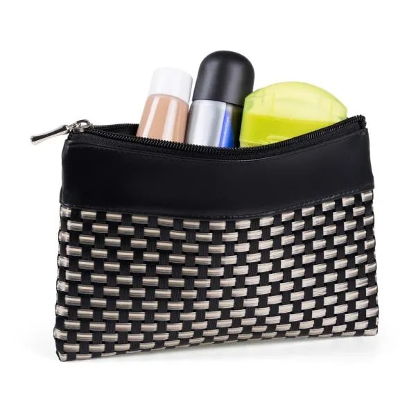 NECESSAIRE EM PVC E MATERIAL SINTÉTICO - PRETO / XADREZ BEGE - 19X14 CM