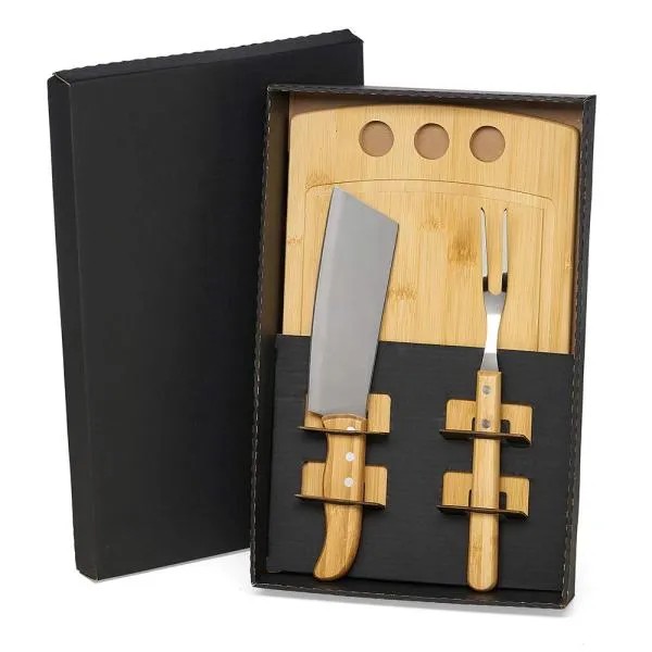 KIT PARA CHURRASCO E COZINHA EM BAMBU / MADEIRA / INOX - 3 PÇS