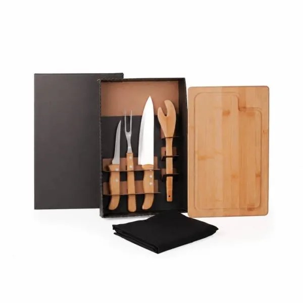 KIT PARA CHURRASCO EM BAMBU / MADEIRA / INOX COM AVENTAL - 6 PÇS