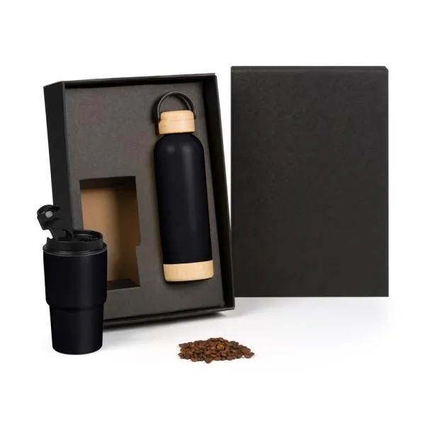 KIT GARRAFA PAREDE DUPLA E COPO TÉRMICO - PRETO - 2 PÇS