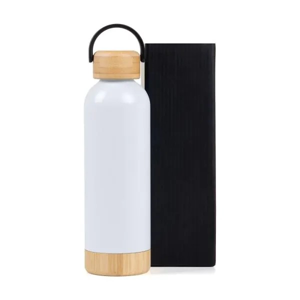 GARRAFA PAREDE DUPLA COM DETALHES EM BAMBU - BRANCA - 500 ML