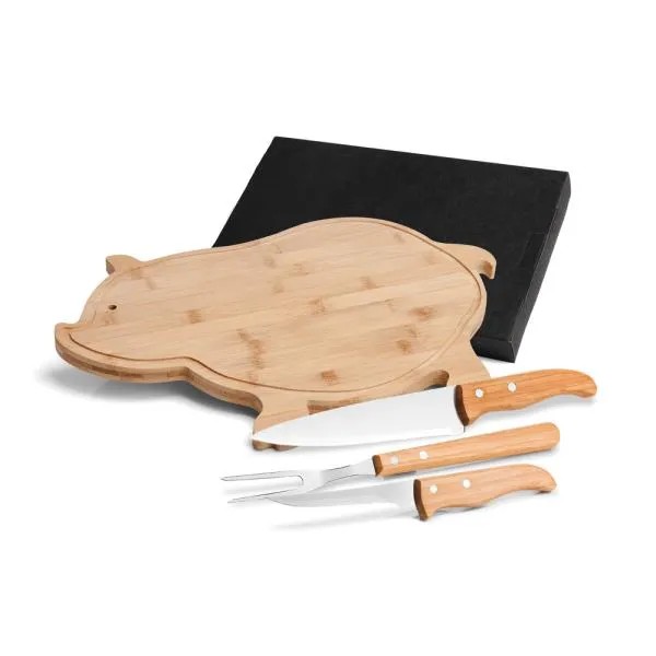 KIT PARA COZINHA COM TÁBUA PORCO EM BAMBU / MADEIRA / INOX - 4 PÇS