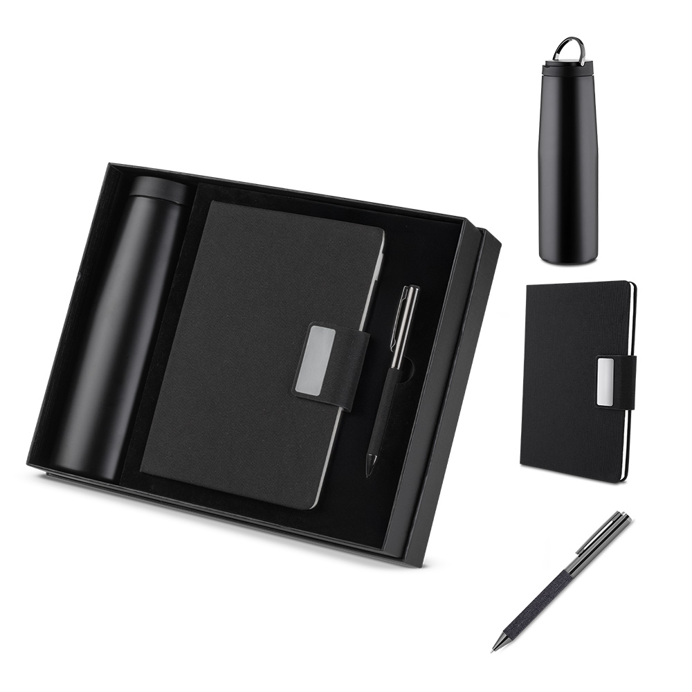 Kit escritório Caderno, Garrafa e Caneta Metalica