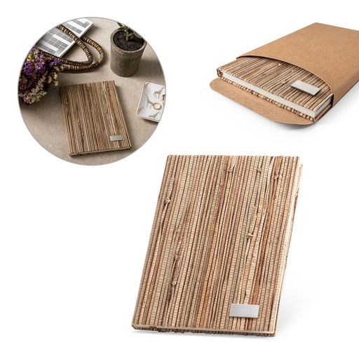 [53632-160] NERUDA II. Caderno A5 de capa dura em palha natural com páginas pautadas recicladas