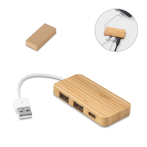[97127-160] MOSER. Hub em bambu com 2 portas que permite a transferência de dados