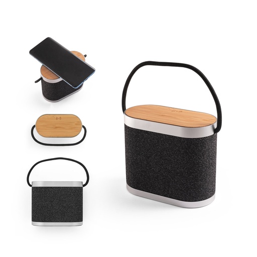 [97183-133] GUETTA. Caixa de som de 5W com carregador por indução super-rápido e autonomia de 2h (1'200 mAh), em bambu e PET 100% reciclado