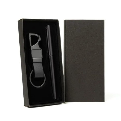 [CC-70738] CANETA ROLLER E CHAVEIRO CINZA EM METAL E PU PRETO
