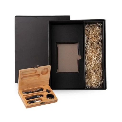 [KT-9024R] ACESSÓRIOS PARA VINHO COM ESTOJO EM BAMBU E ESPAÇO PARA GARRAFA- 6 PÇS