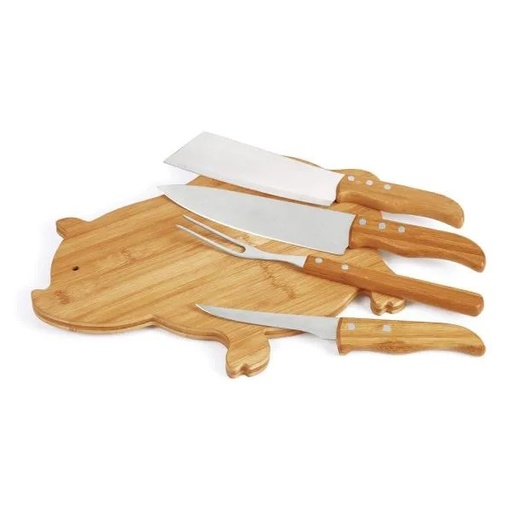 [MB-40683] KIT PARA COZINHA COM TÁBUA PORCO EM BAMBU / MADEIRA / INOX - 5 PÇS