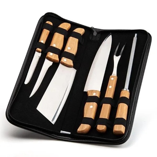 [PB-00213] CONJ. DE FACAS BAMBU / MADEIRA / INOX COM ESTOJO FRANKFURT - 7 PÇS