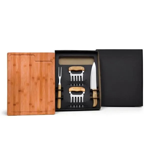 [KT-90307] KIT PARA CHURRASCO EM BAMBU / MADEIRA / INOX - 5 PÇS