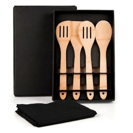 [ME-00153] KIT UTENSÍLIOS EM BAMBU 30 CM COM AVENTAL - 5 PÇS