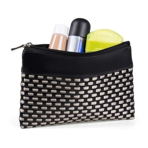 [MA-09421] NECESSAIRE EM PVC E MATERIAL SINTÉTICO - PRETO / XADREZ BEGE - 19X14 CM