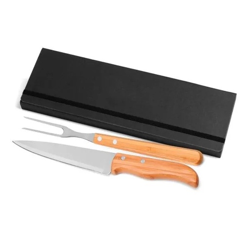 [PB-31063] CONJ. DE GARFO E FACA INOX / MADEIRA / BAMBU COM ESTOJO PRETO - 3 PÇS