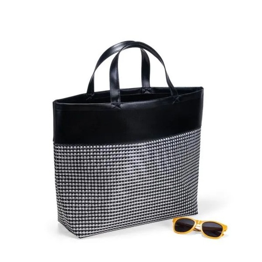 [CS-04021] SACOLA DE PRAIA/PIQUENIQUE EM PVC E MATERIAL SINTÉTICO - PRETO / XADREZ PRATA - 48X33X13 CM
