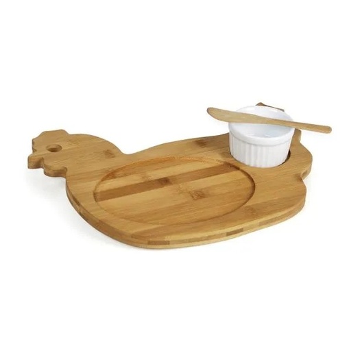 [PD-41333] KIT PETISCO EM BAMBU / PORCELANA COM TÁBUA FORMATO GALINHA