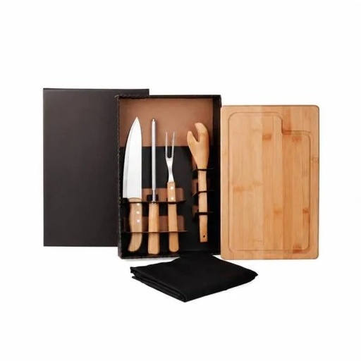 [ME-04813] KIT PARA CHURRASCO EM BAMBU / MADEIRA / INOX COM AVENTAL - 6 PÇS