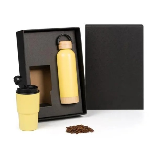 [KT-90612] KIT GARRAFA PAREDE DUPLA E COPO TÉRMICO - AMARELO - 2 PÇS