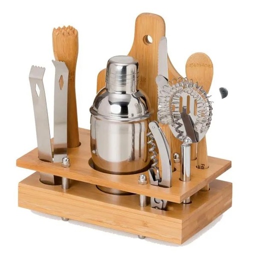[KB-00473] CONJUNTO PARA BAR EM BAMBU / MADEIRA / INOX - 8 PÇS