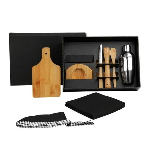 [KE-01423] KIT PARA CAIPIRINHA EM BAMBU / MADEIRA COM AVENTAL E BANDANA - 0,35 L - 8 PÇS