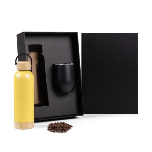 [KT-90370] KIT GARRAFA E COPO TÉRMICO - AMARELO/PRETO - 2 PÇS