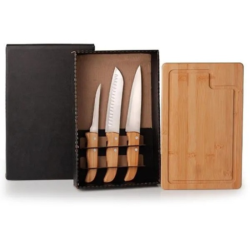 [ME-19873] KIT PARA CHURRASCO/COZINHA EM BAMBU / MADEIRA / INOX - 4 PÇS