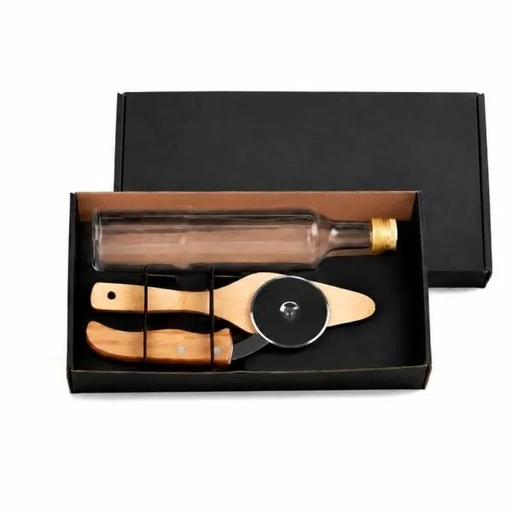[KT-90074] KIT PARA PIZZA COM CORTADOR, ESPÁTULA E GARRAFA - 3 PÇS