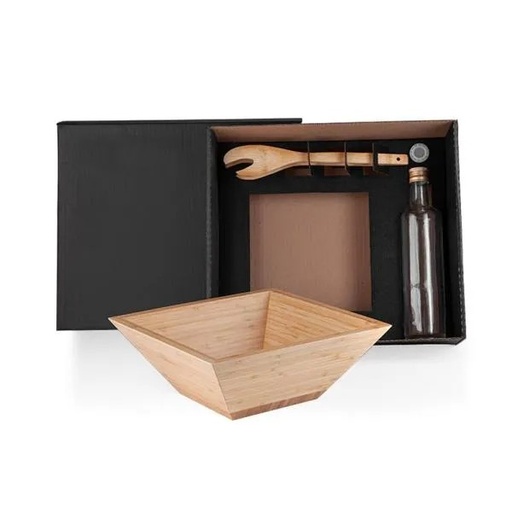 [KT-90168] KIT PARA SALADA COM GARRAFA - BAMBU / VIDRO - 3 PÇS