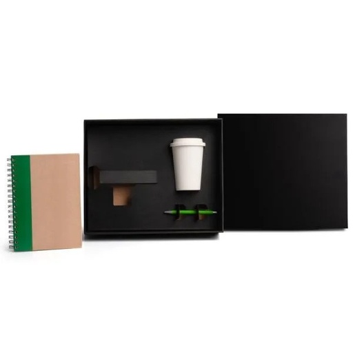 [KT-90384] KIT COPO EM FIBRA DE BAMBU, CADERNO E CANETA - VERDE - 3 PÇS