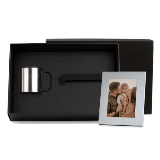[KT-90264] KIT CANECA EM AÇO INOX E PORTA-RETRATO EM ALUMÍNIO - 2 PÇS