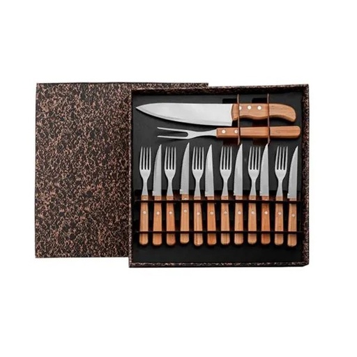 [KT-9031E] CONJ. PARA CHURRASCO C/ GARFO, FACA E TALHERES DE MESA - 14 PEÇAS