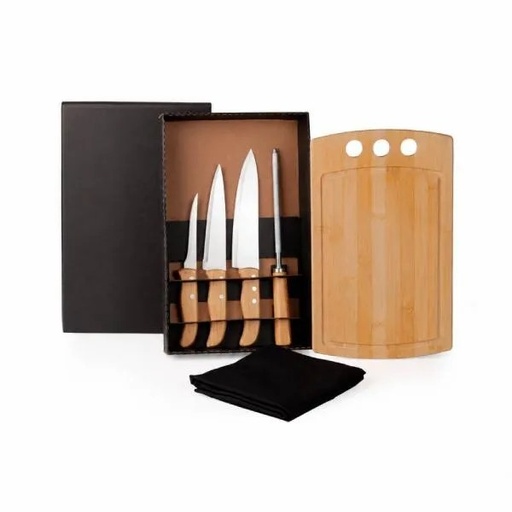 [ME-21853] KIT PARA COZINHA EM BAMBU / MADEIRA / INOX COM AVENTAL - 6 PÇS