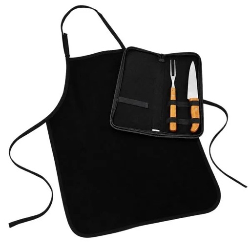 [PB-11113] KIT GARFO, FACA  INOX/BAMBU COM ESTOJO E AVENTAL - 4 PÇS