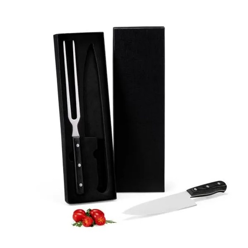 [KF-03073] CONJ. DE FACA E GARFO PREMIUM EM MADEIRA / INOX - PRETO - 2 PÇS