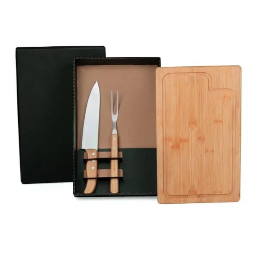 [ME-04093] KIT PARA CHURRASCO EM BAMBU / MADEIRA / INOX - 3 PÇS