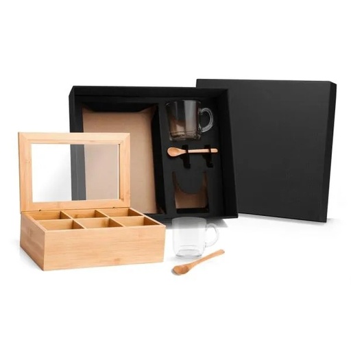 [KT-90141] KIT PARA CHÁ COM CAIXA EM BAMBU E COLHERES - 5 PÇS