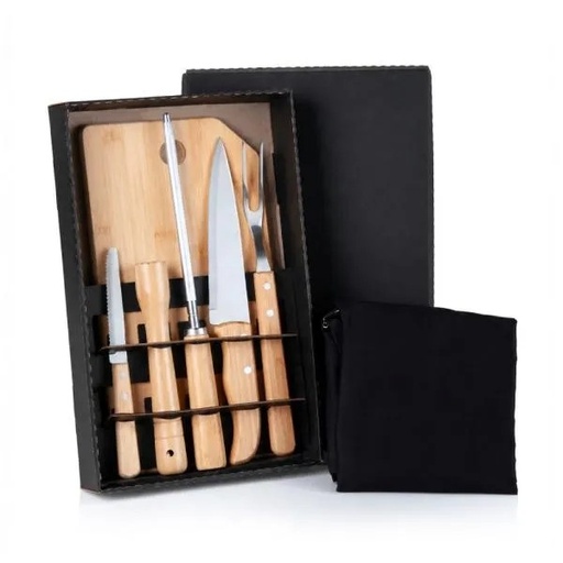[ME-20883] KIT PARA CHURRASCO EM BAMBU / MADEIRA / INOX COM AVENTAL- 8 PÇS