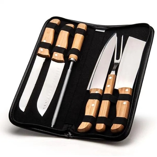 [PB-00253] CONJ. DE FACAS BAMBU / MADEIRA / INOX COM ESTOJO FRANKFURT - 7 PÇS