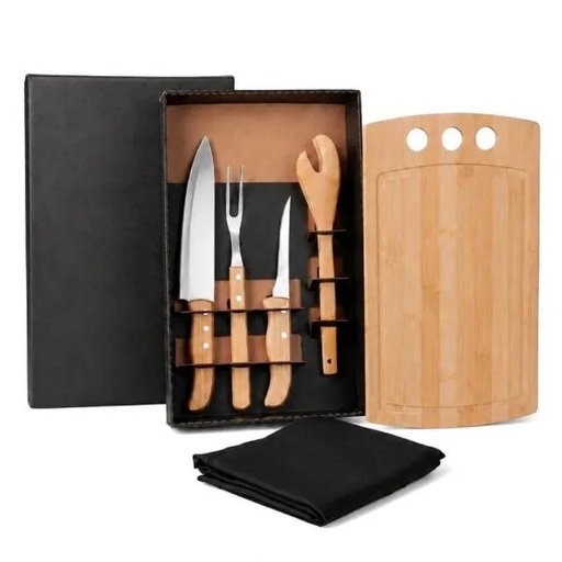 [ME-21803] KIT PARA CHURRASCO EM BAMBU / MADEIRA / INOX COM AVENTAL - 6 PÇS