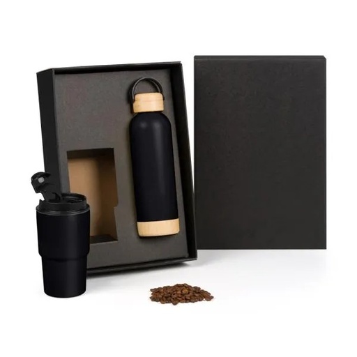 [KT-90609] KIT GARRAFA PAREDE DUPLA E COPO TÉRMICO - PRETO - 2 PÇS