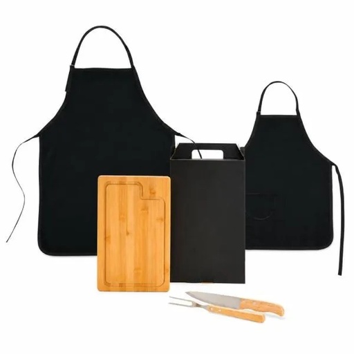 CONJ. PARA CHURRASCO COM AVENTAL E AVENTAL MINI - 5 PÇS