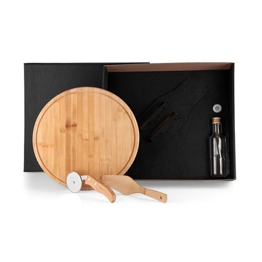 [KT-90169] KIT PARA PIZZA COM GARRAFA - BAMBU / INOX / VIDRO - 4 PÇS