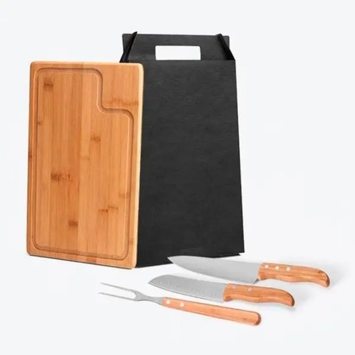 [MB-04623] CONJ. PARA CHURRASCO EM BAMBU / MADEIRA / INOX TEXAS - 4 PÇS