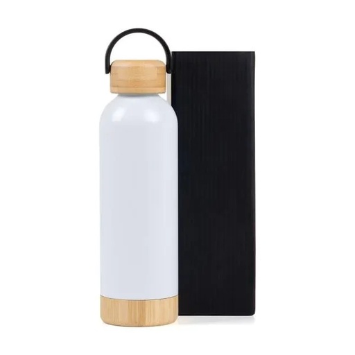 [IS-01540] GARRAFA PAREDE DUPLA COM DETALHES EM BAMBU - BRANCA - 500 ML