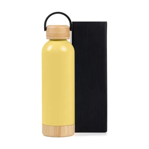 [IS-01546] GARRAFA PAREDE DUPLA COM DETALHES EM BAMBU - AMARELA - 500 ML