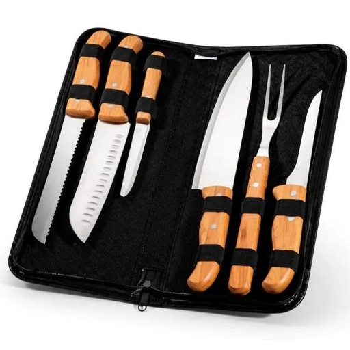 [PB-00273] CONJ. DE FACAS BAMBU / MADEIRA / INOX COM ESTOJO FRANKFURT - 7 PÇS