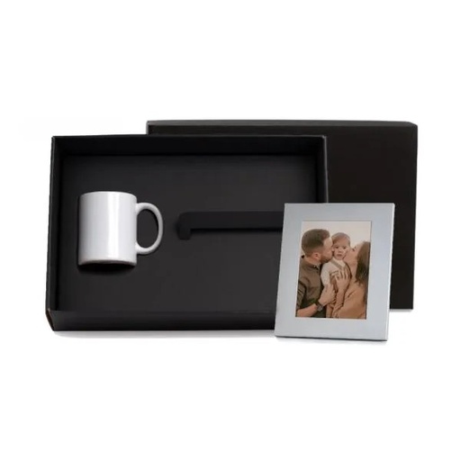 [KT-90261] KIT CANECA EM CERÂMICA BRANCA E PORTA-RETRATO EM ALUMÍNIO - 2 PÇS